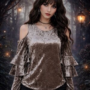 RO & DE by Anthropologie Taupe Velvet Velour Cold Shoulder Top M Coquette Fairy